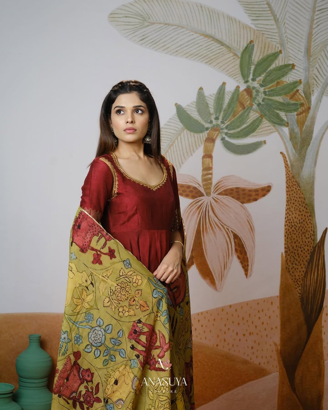 Maroon Anarkali with Hand-Painted Kalamkari Dupatta