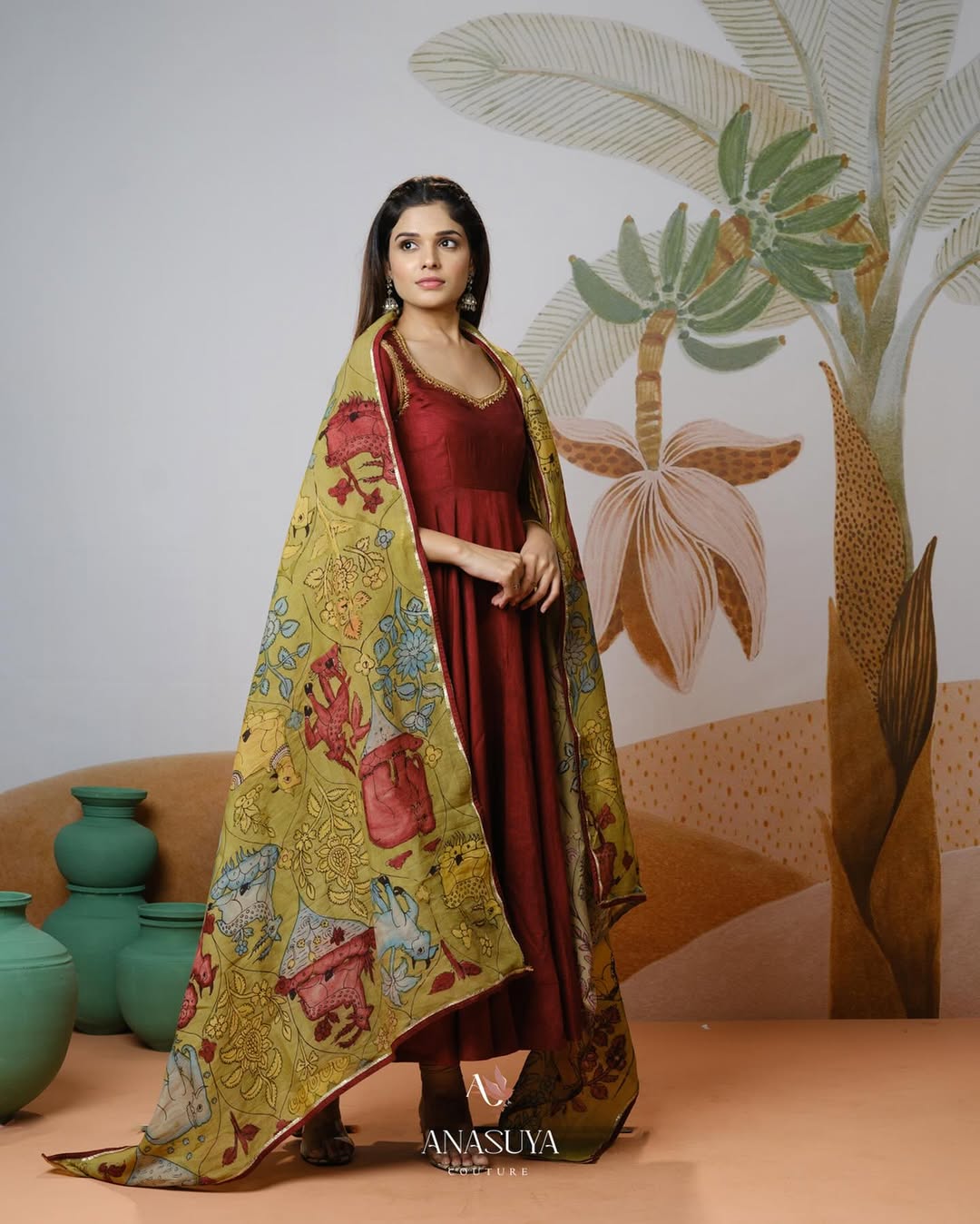 Maroon Anarkali with Hand-Painted Kalamkari Dupatta