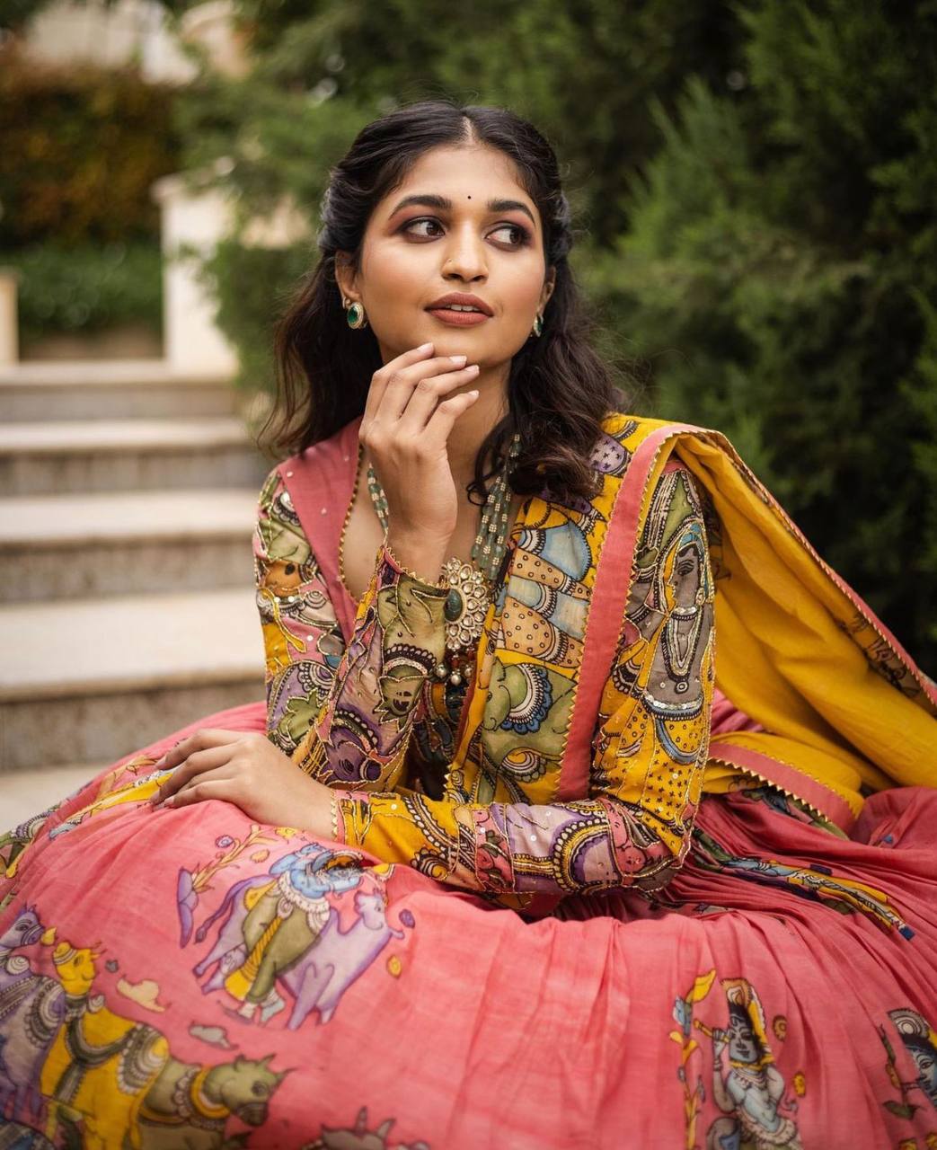Kalamkari Print With Hand Work Pink & Yellow Fully Stitched Printed Lehenga Choli