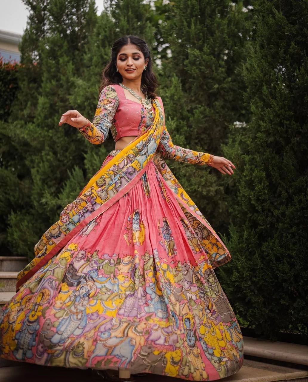 Kalamkari Print With Hand Work Pink & Yellow Fully Stitched Printed Lehenga Choli