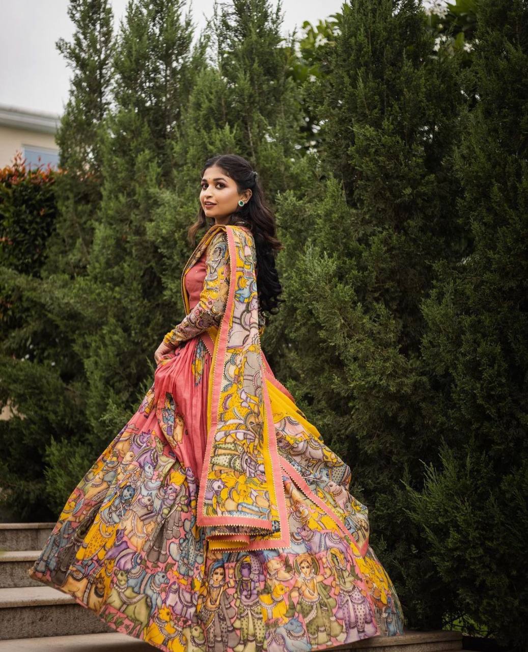 Kalamkari Print With Hand Work Pink & Yellow Fully Stitched Printed Lehenga Choli