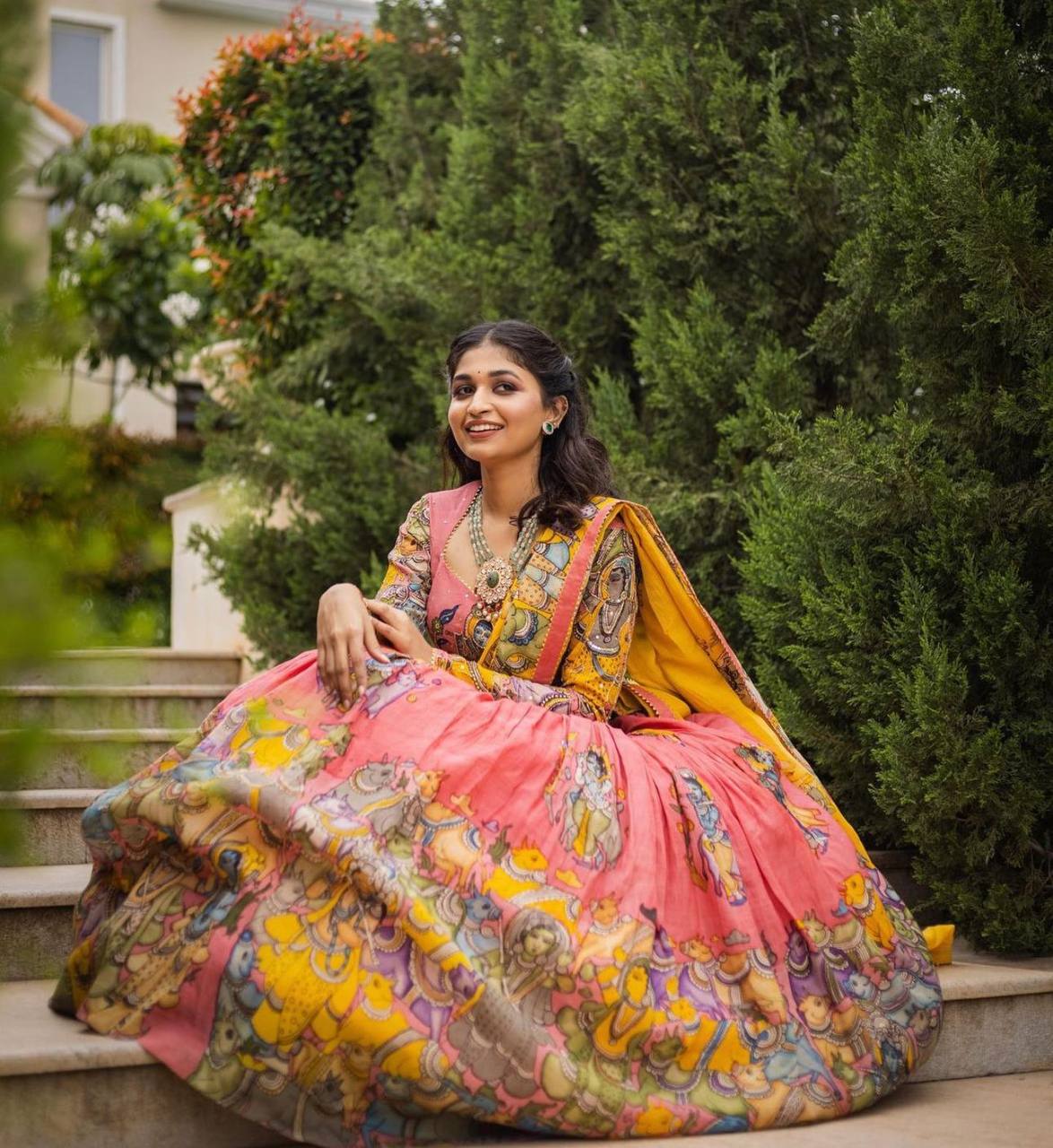 Kalamkari Print With Hand Work Pink & Yellow Fully Stitched Printed Lehenga Choli