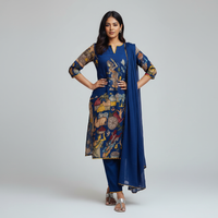 Kalamkari Cotton Kurta Set Blue with Floral Design with Coordinated Dupatta