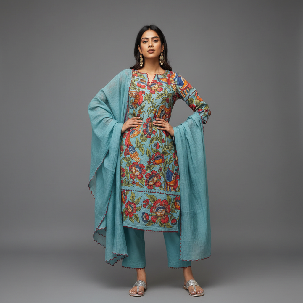 Aqua Blue Kurta Set with Hand-Painted Floral & Bird Print