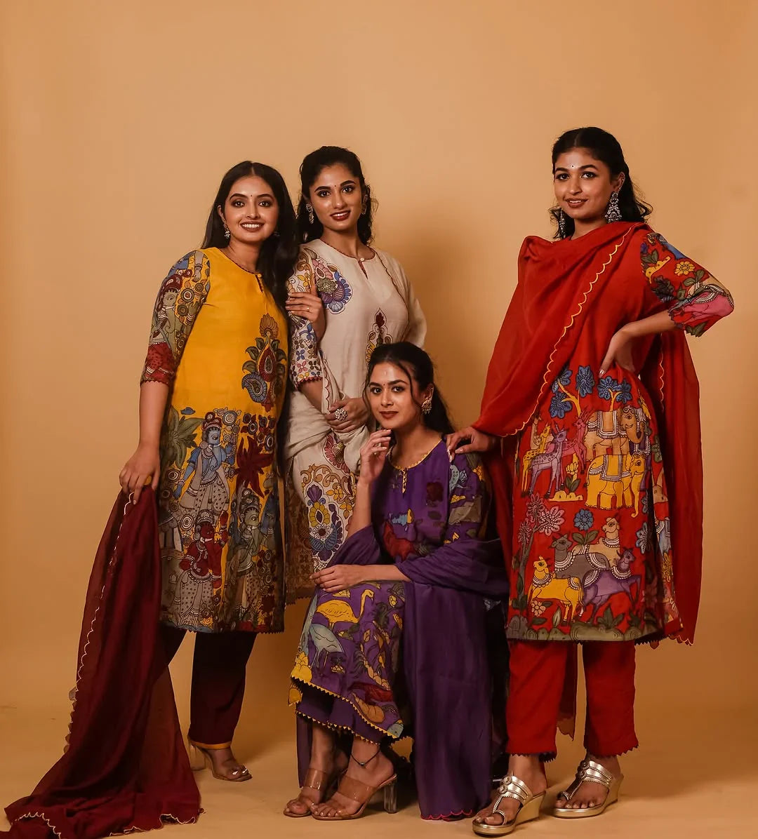 Ethnic Red Kurta Set with Vibrant Forest Folk Art Print