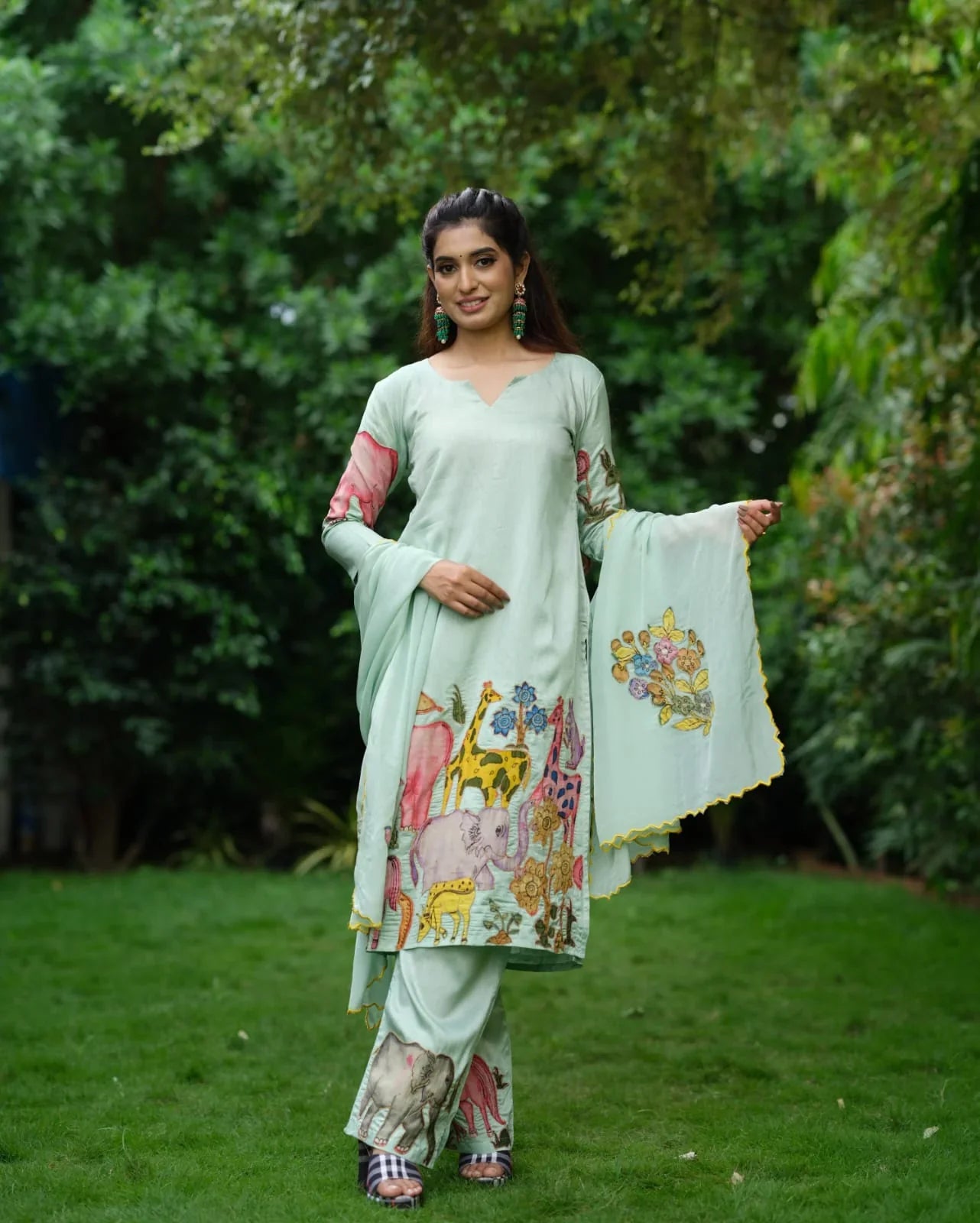 Pastel Green Hand-Painted Animal Motif Kurta Set