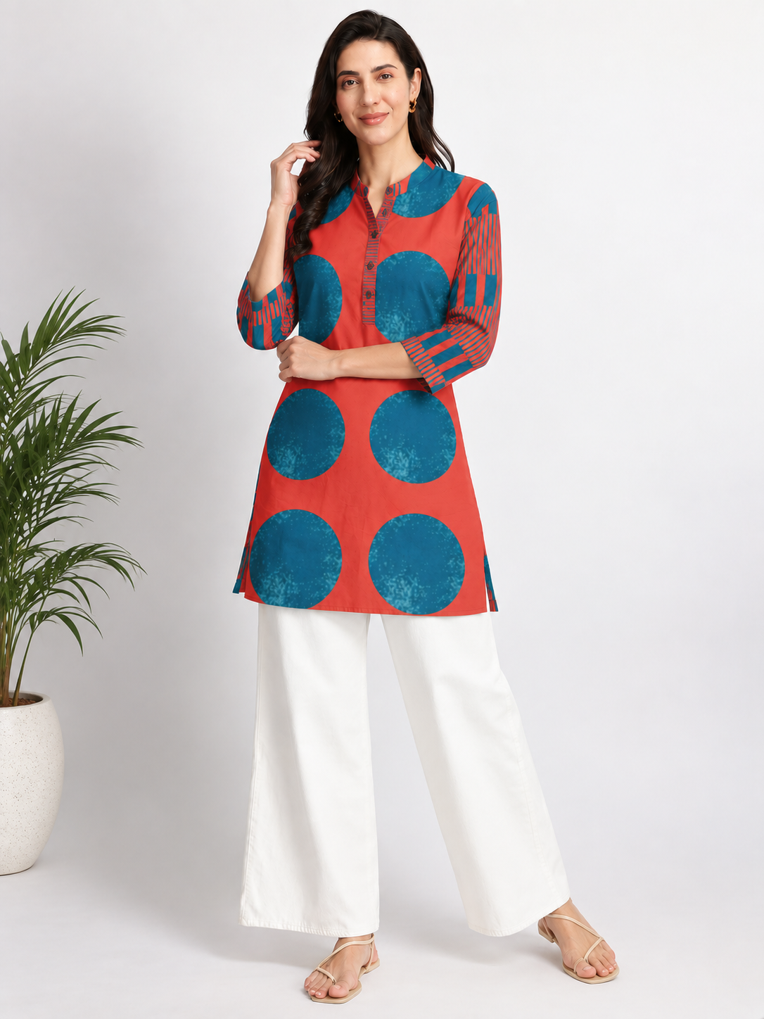 Coral Red & Teal Blue Statement Print Short Kurti