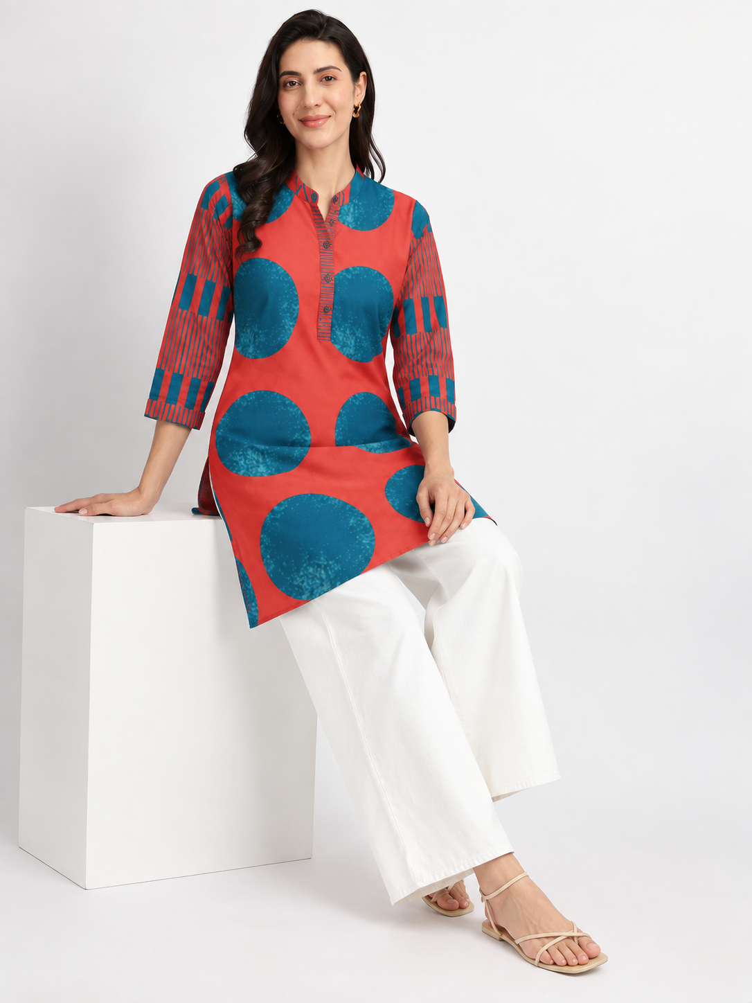 Coral Red & Teal Blue Statement Print Short Kurti