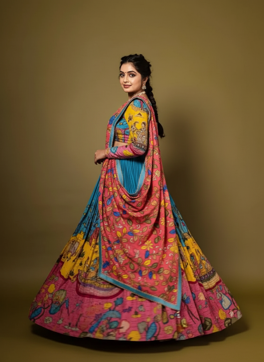 Kalamkari Print With Hand Work Bloom Fully Stitched Printed Lehenga Choli