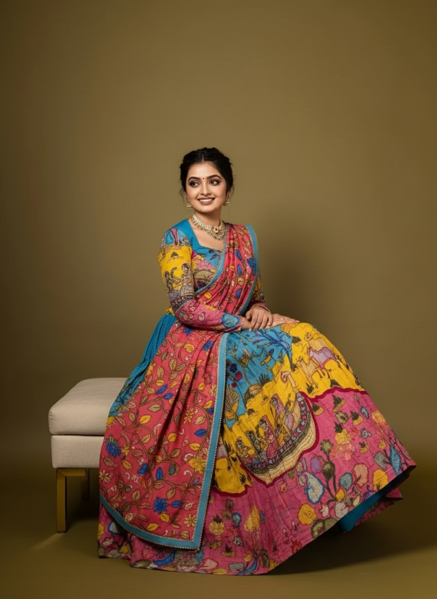 Kalamkari Print With Hand Work Bloom Fully Stitched Printed Lehenga Choli