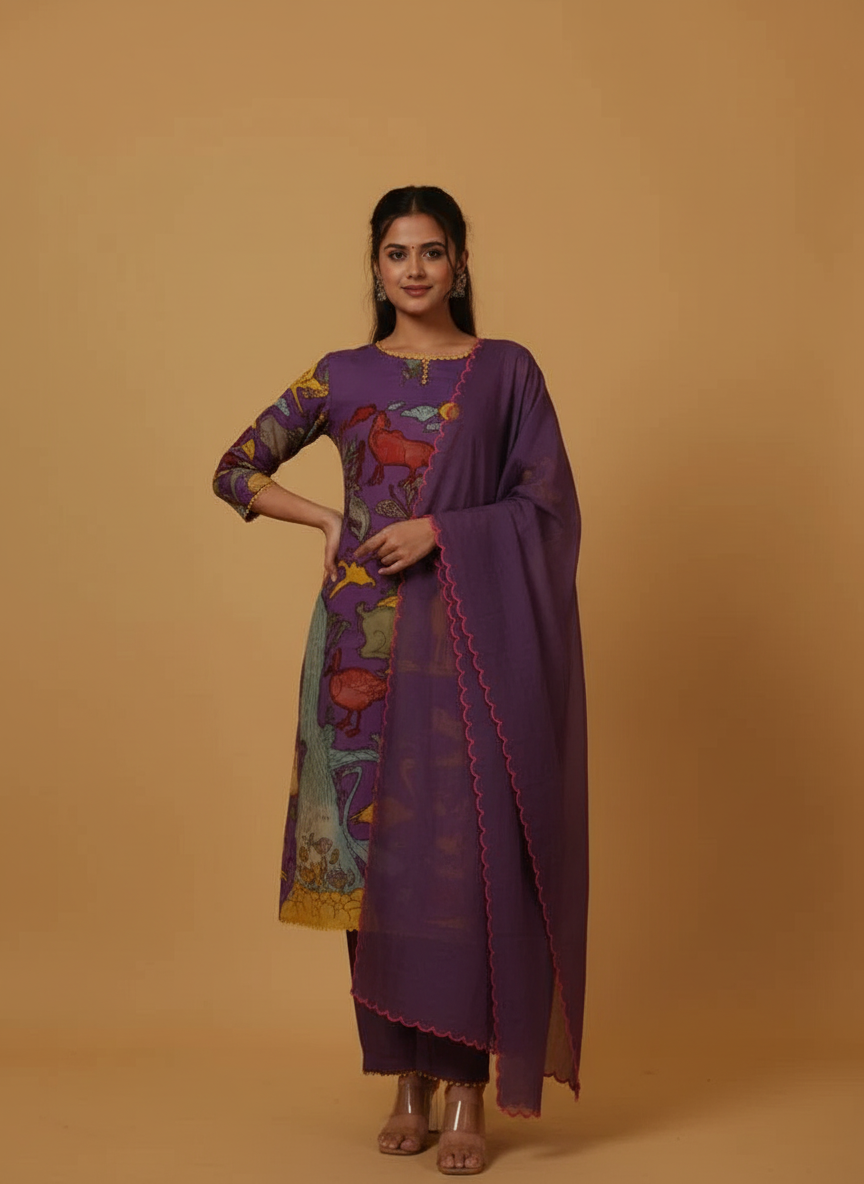 Traditional Purple Kurta Set with Royal Folk Art Print