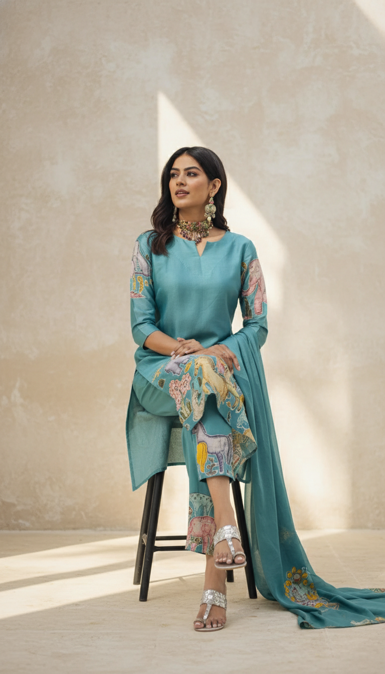 Lime Green Kurta Set with Ethnic Jungle Print