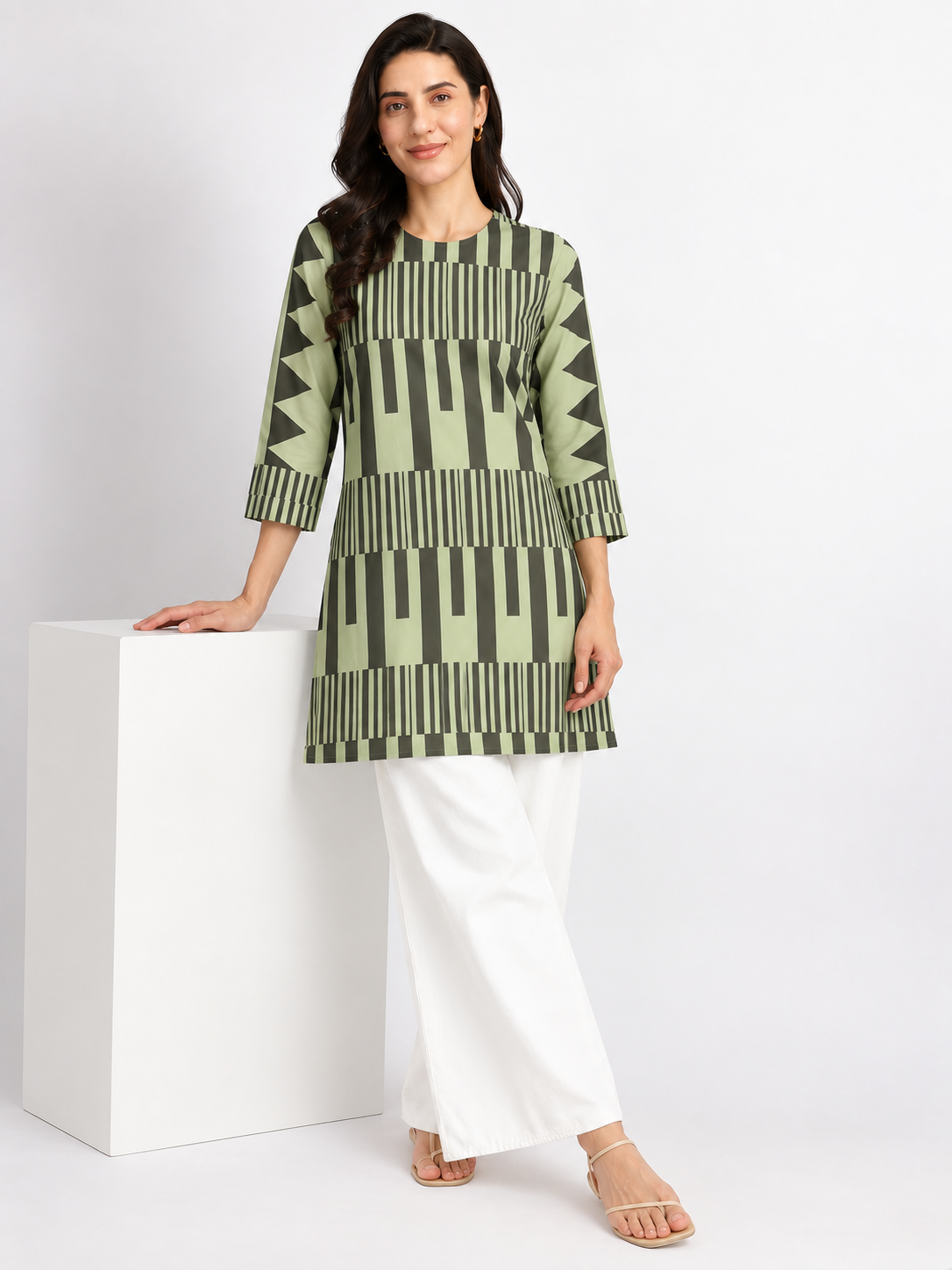 Sage Green Geometric Stripe Printed Short Kurti