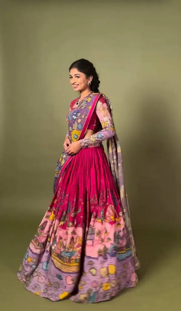Kalamkari Print With Hand Work Fully Stitched Printed Lehenga Choli