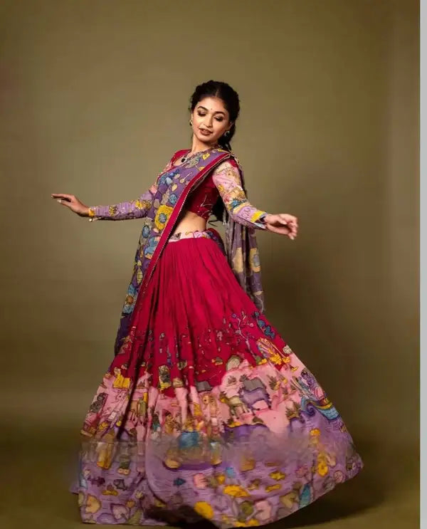 Kalamkari Print With Hand Work Fully Stitched Printed Lehenga Choli