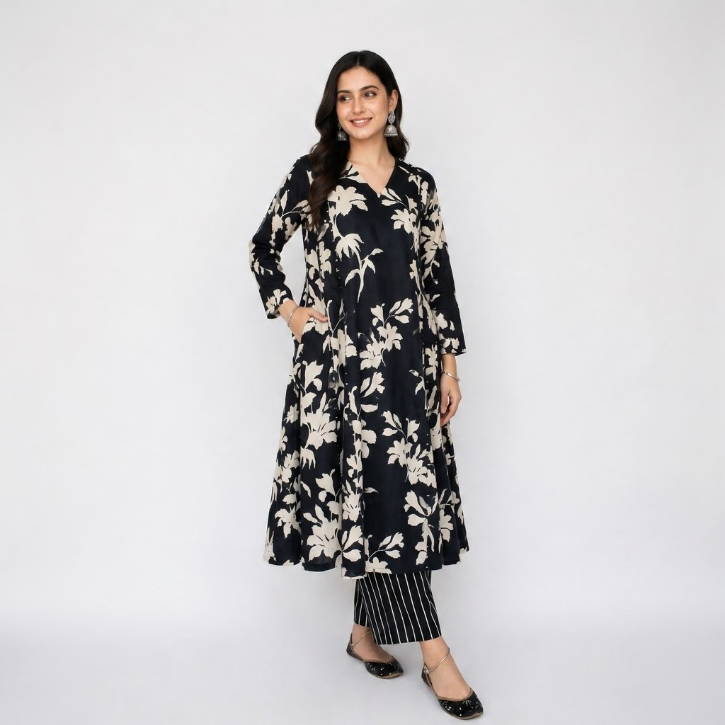 Black Floral Print Kurta with Striped Palazzo Set