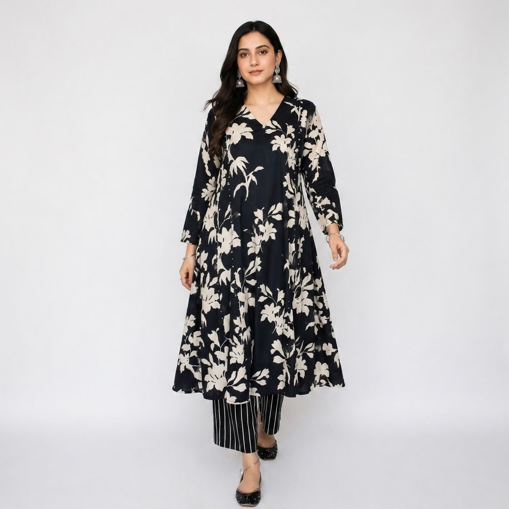 Black Floral Print Kurta with Striped Palazzo Set