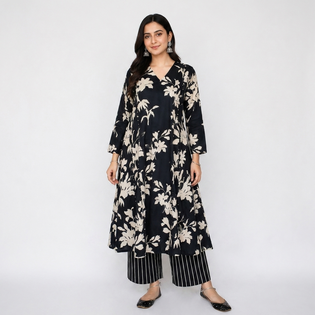 Black Floral Print Kurta with Striped Palazzo Set