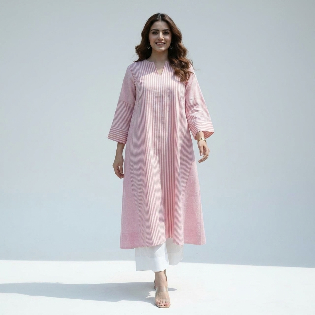 Elegant Pink Striped Kurta with White Palazzo Set