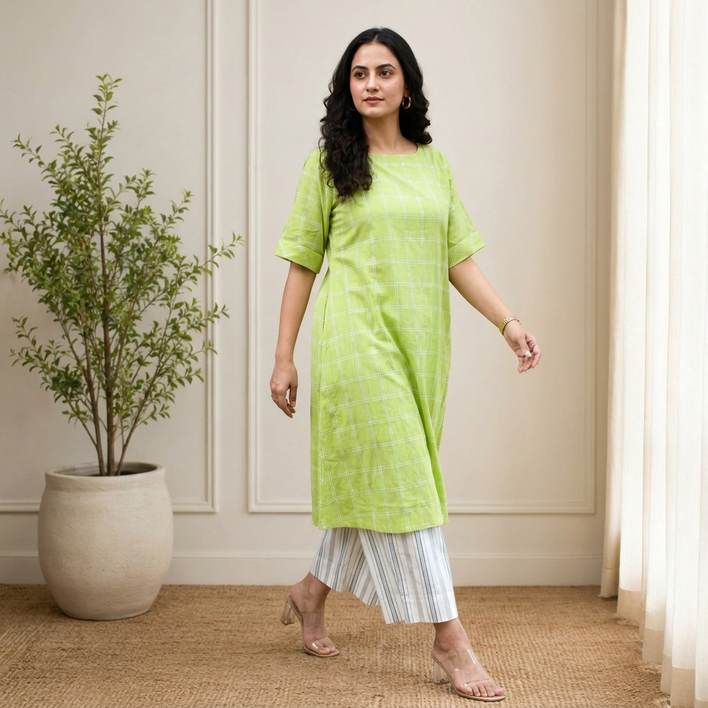 Lime Green Checkered Cotton Tunic Set