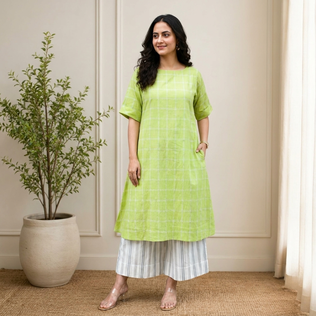 Lime Green Checkered Cotton Tunic Set