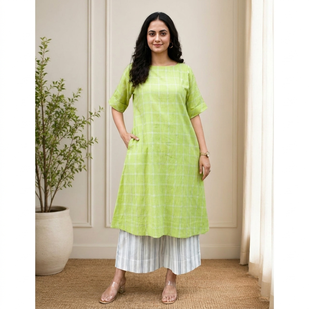 Lime Green Checkered Cotton Tunic Set