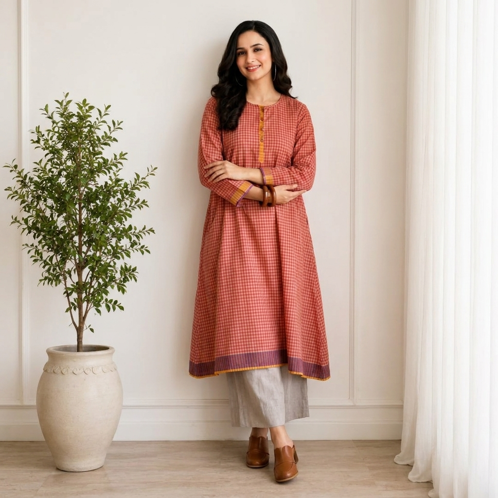 Rust Orange Checkered Kurta with Palazzo Set