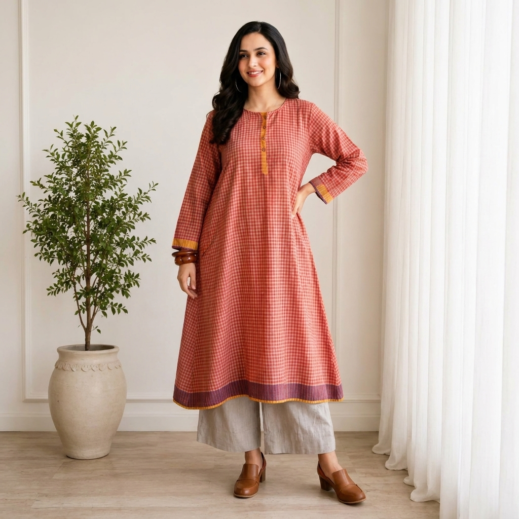 Rust Orange Checkered Kurta with Palazzo Set