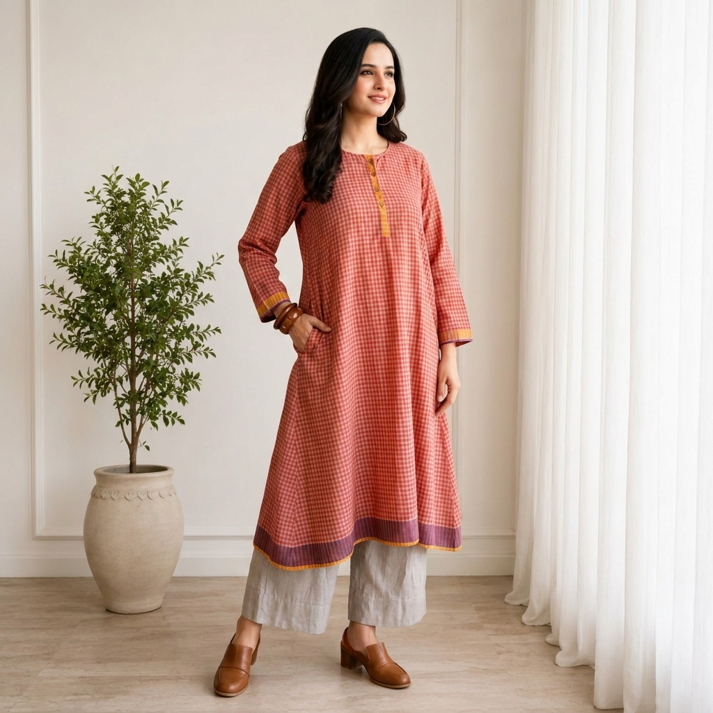 Rust Orange Checkered Kurta with Palazzo Set
