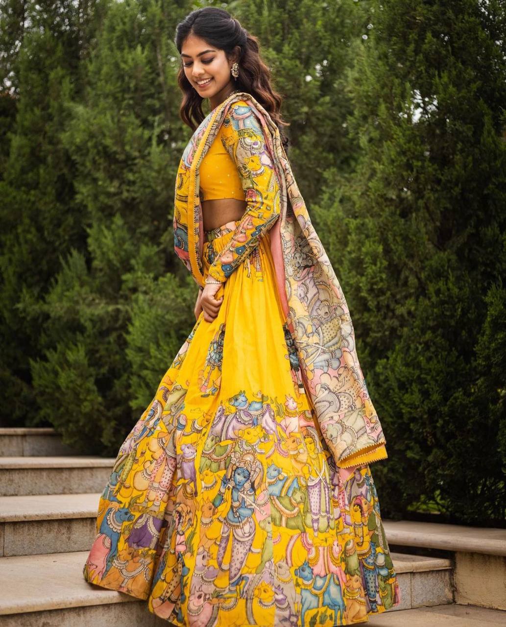 Yellow Fully Stitched Kalamkari Lehenga Choli