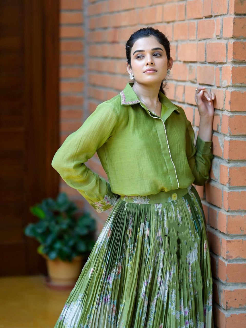 Olive Green Pleated lehenga Set