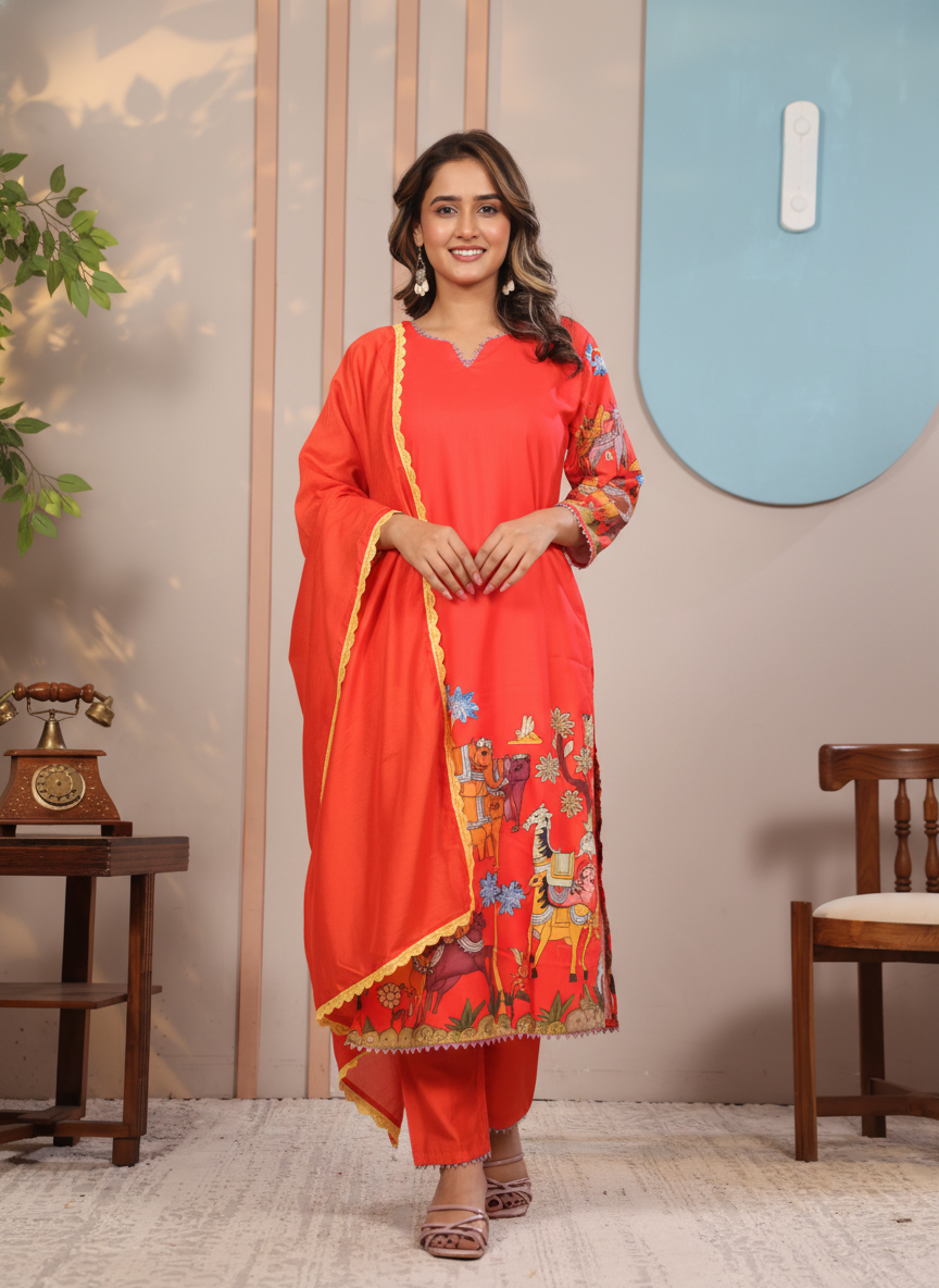 Ethnic Red Kurta Set with Vibrant Forest Folk Art Print