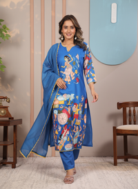 Kalamkari Cotton Kurta Set Blue with Floral Design with Coordinated Dupatta
