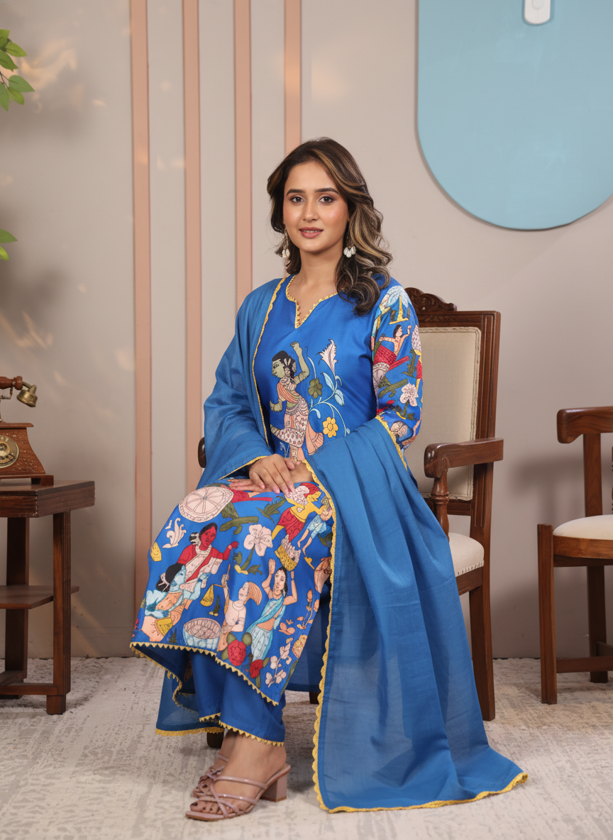Kalamkari Cotton Kurta Set Blue with Floral Design with Coordinated Dupatta