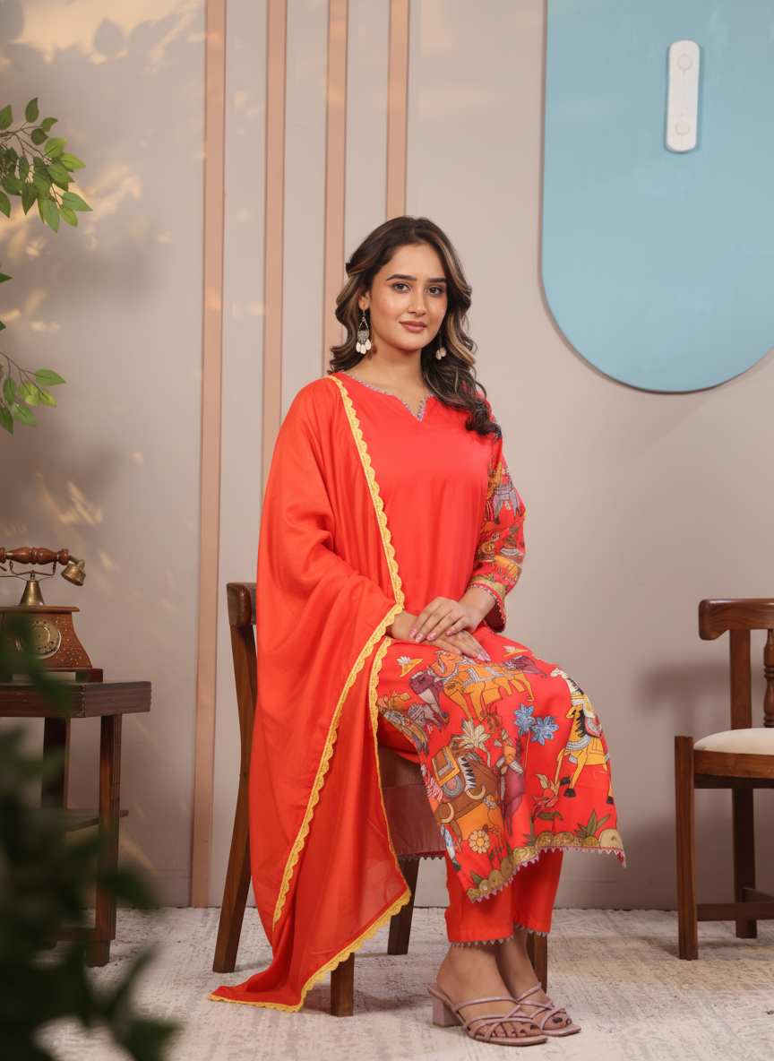 Ethnic Red Kurta Set with Vibrant Forest Folk Art Print