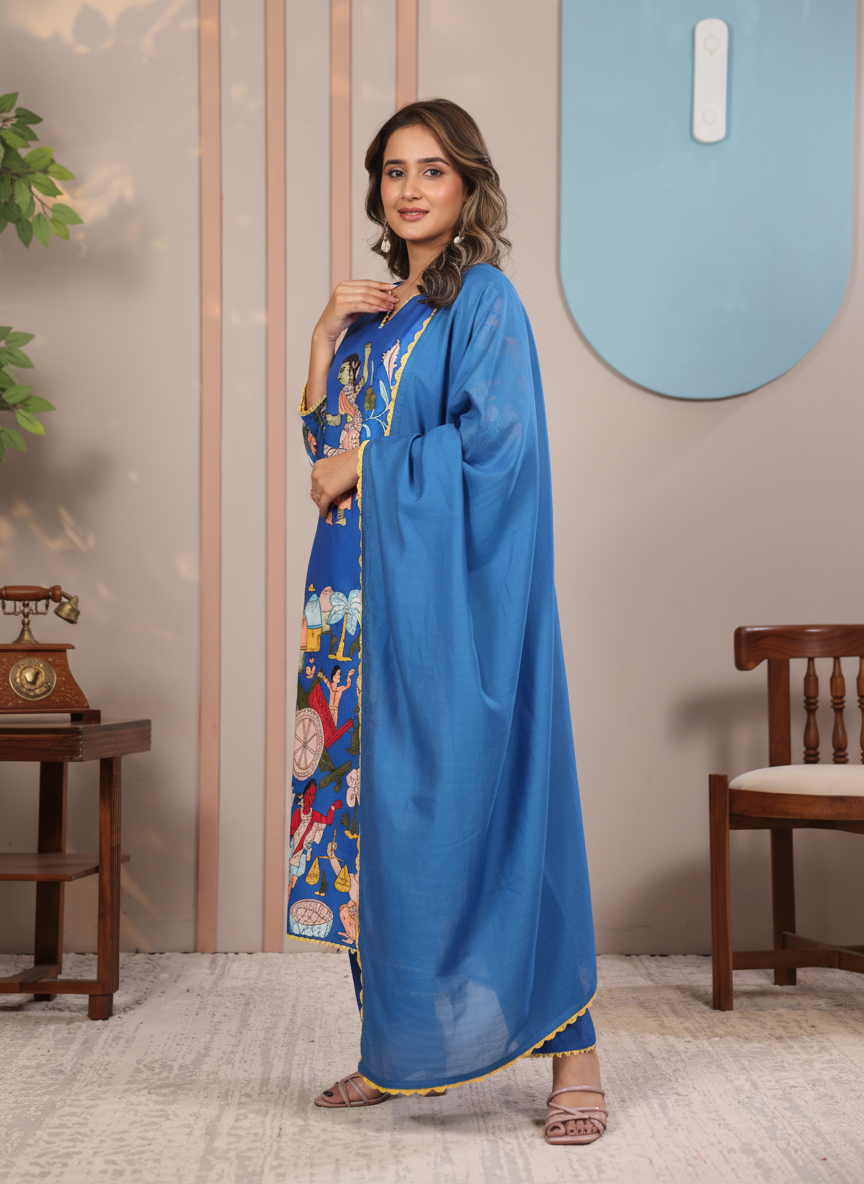 Kalamkari Cotton Kurta Set Blue with Floral Design with Coordinated Dupatta