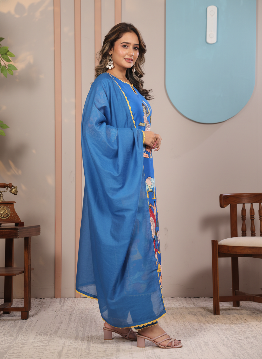 Kalamkari Cotton Kurta Set Blue with Floral Design with Coordinated Dupatta
