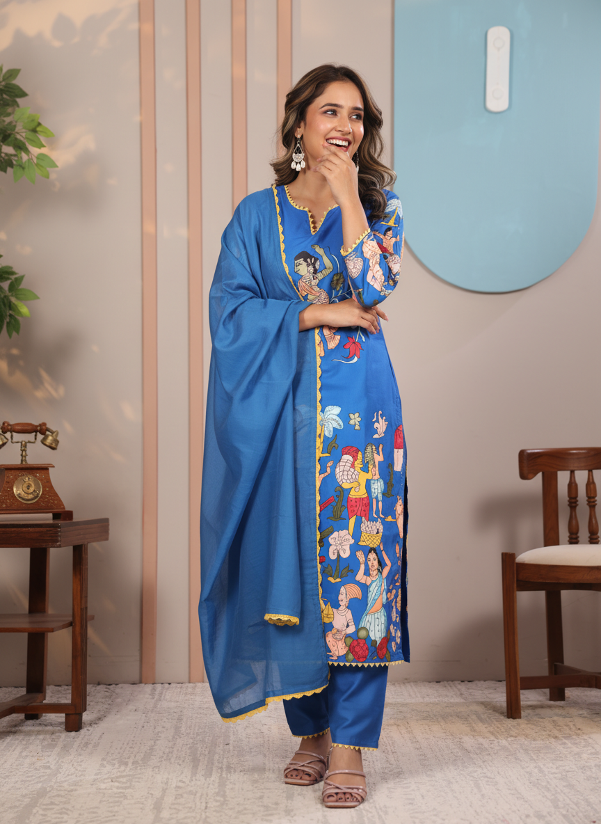 Kalamkari Cotton Kurta Set Blue with Floral Design with Coordinated Dupatta