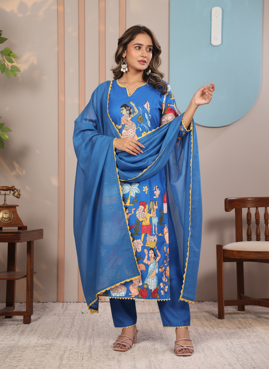 Kalamkari Cotton Kurta Set Blue with Floral Design with Coordinated Dupatta
