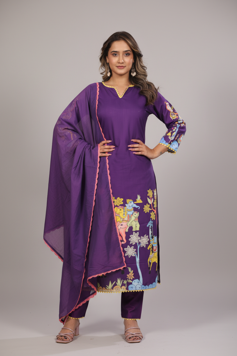 Traditional Purple Kurta Set with Royal Folk Art Print