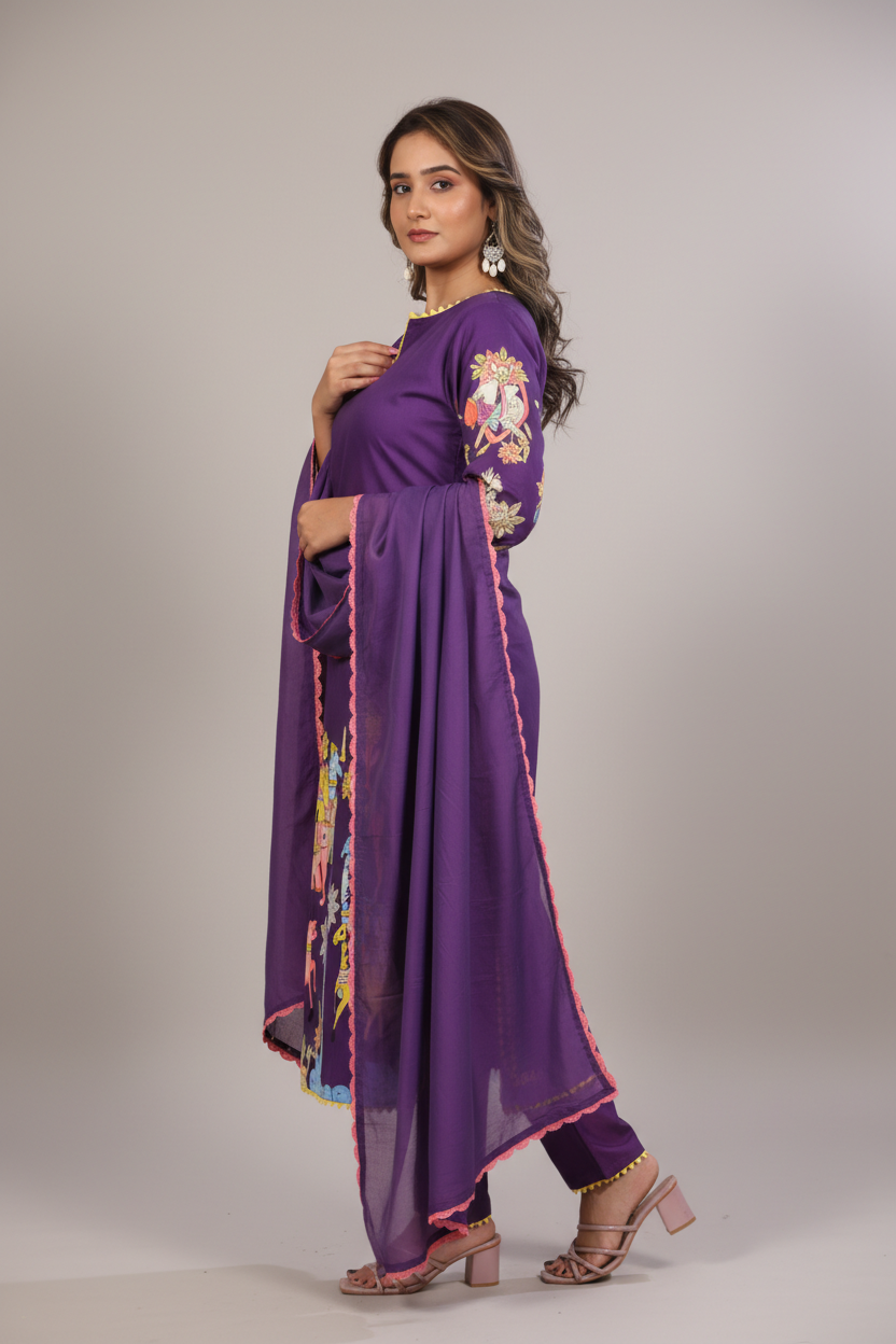 Traditional Purple Kurta Set with Royal Folk Art Print