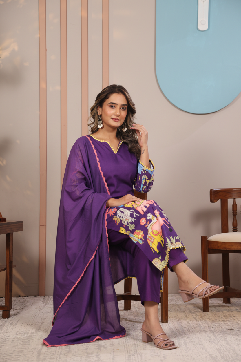 Traditional Purple Kurta Set with Royal Folk Art Print