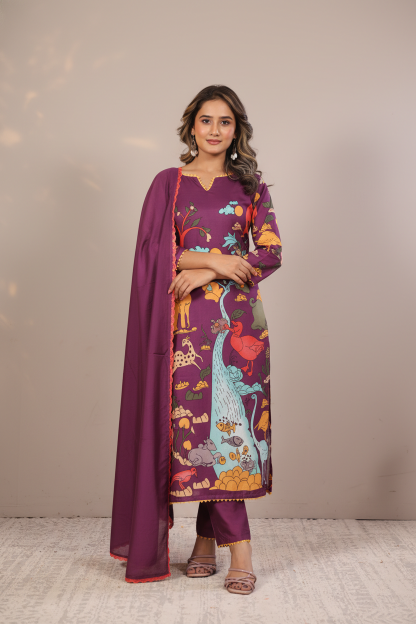 Traditional Purple Kurta Set with Royal Folk Art Print