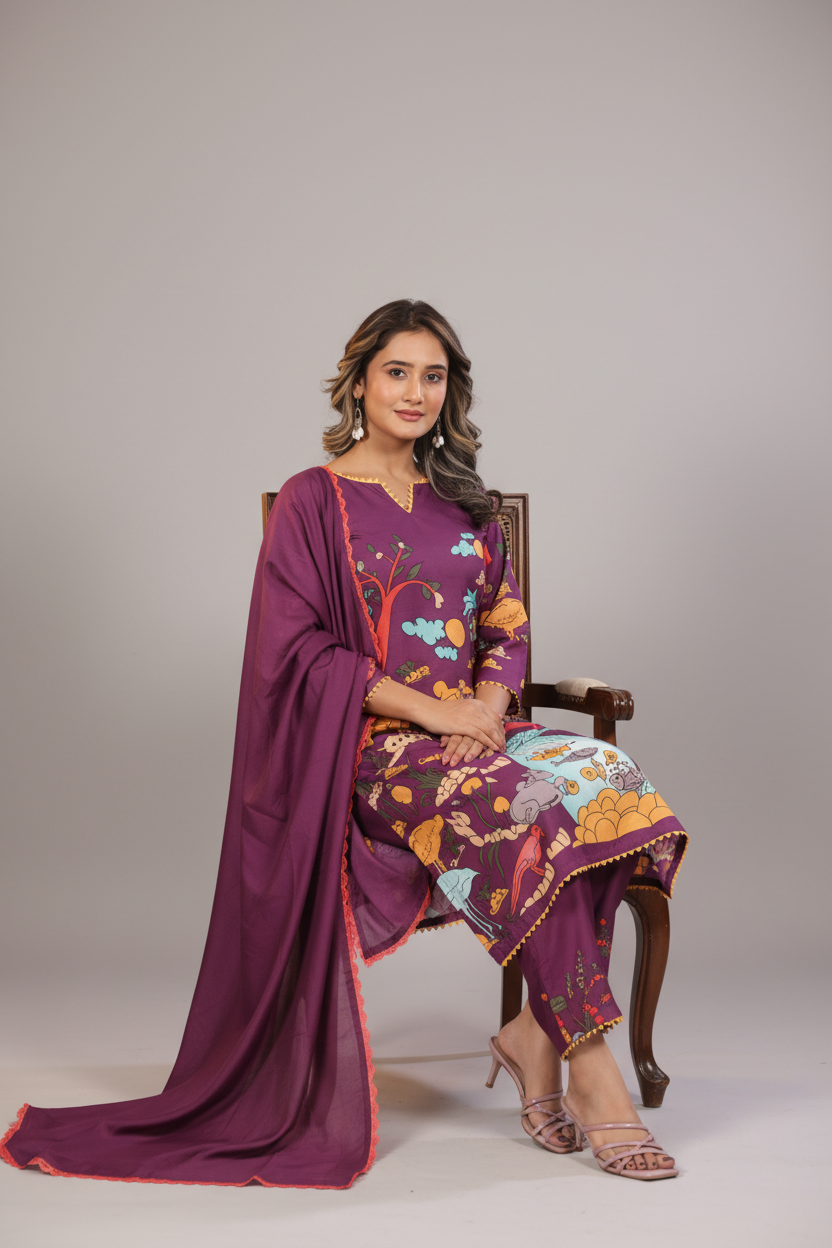Traditional Purple Kurta Set with Royal Folk Art Print
