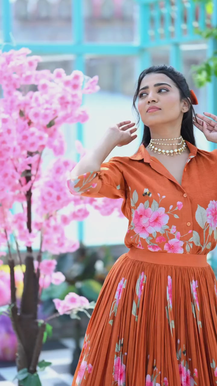 Rust Orange Floral Printed Shirt & Lehenga Set
