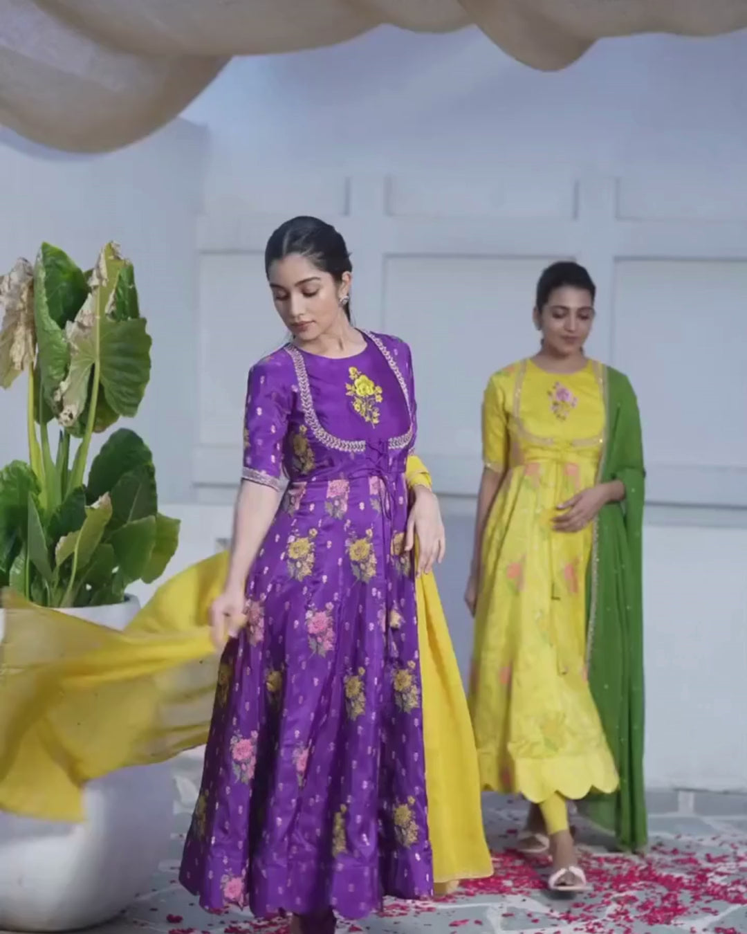 Yellow Floral Anarkali with Green Dupatta