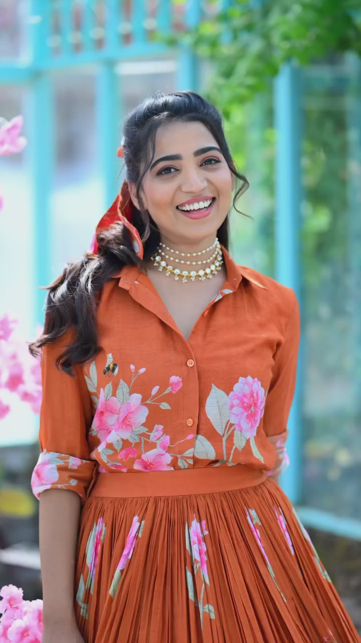 Rust Orange Floral Printed Shirt & Lehenga Set