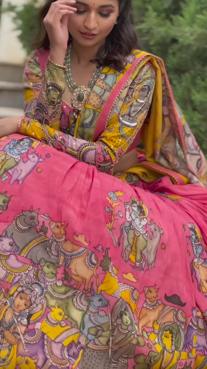 Kalamkari Print With Hand Work Pink & Yellow Fully Stitched Printed Lehenga Choli