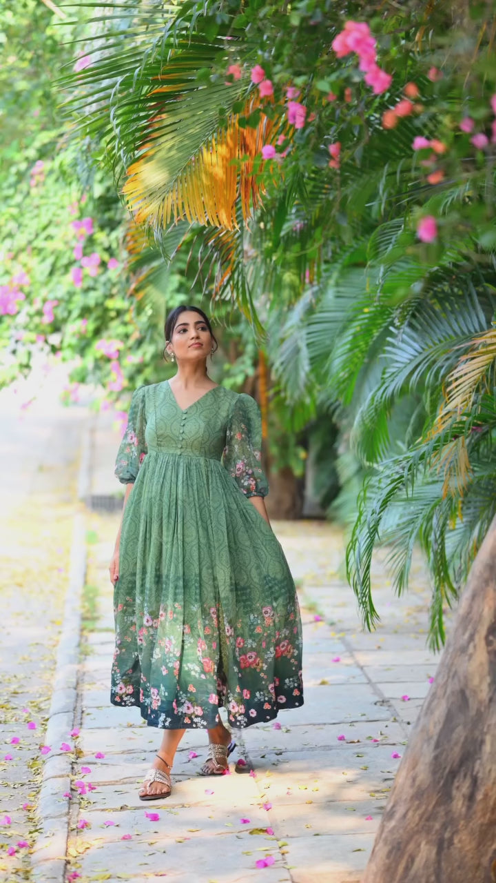 Bloom – Elegant Green Floral Anarkali Dress