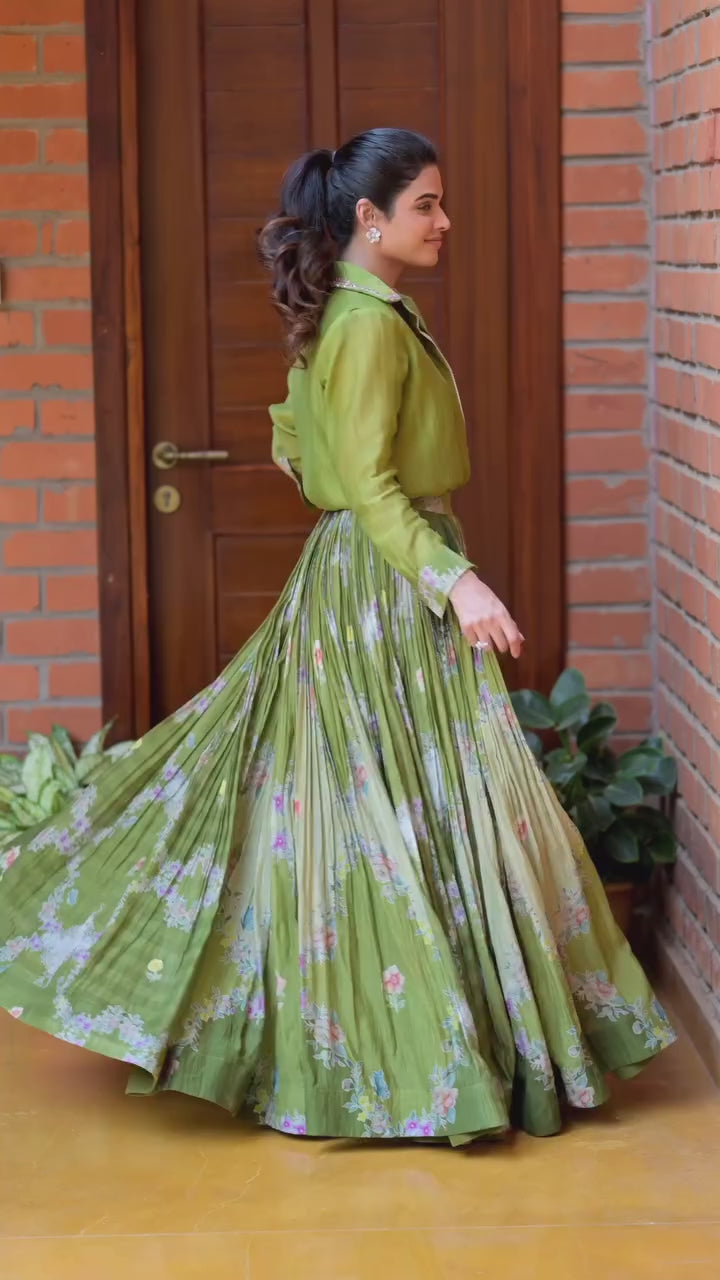 Olive Green Pleated lehenga Set